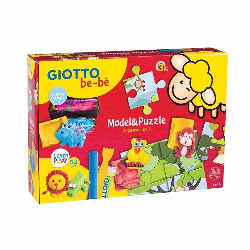 Puzzle 2 în 1 cu plastilină, netoxică și testată dermatologic plus accesorii, pentru copii 3 ani+, Giotto Be-be