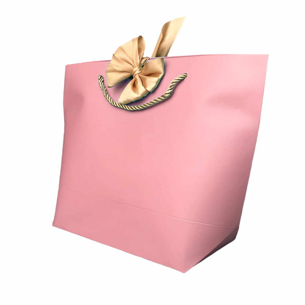 Pungi cadou cu mâner și fundă aurie - roz (set 12 buc) - 28x20x9cm