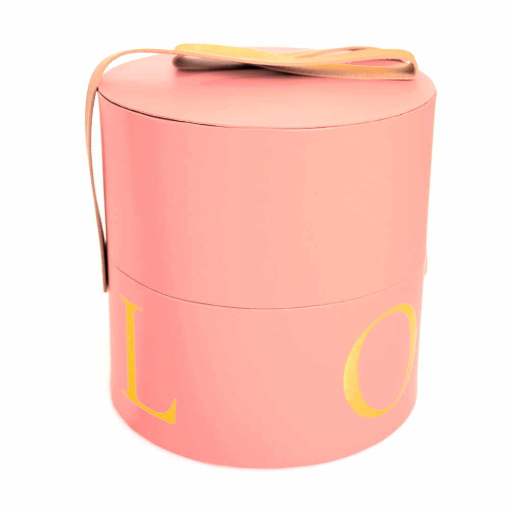 Set 2 cutii cilindrice cu mâner model Love - roz
